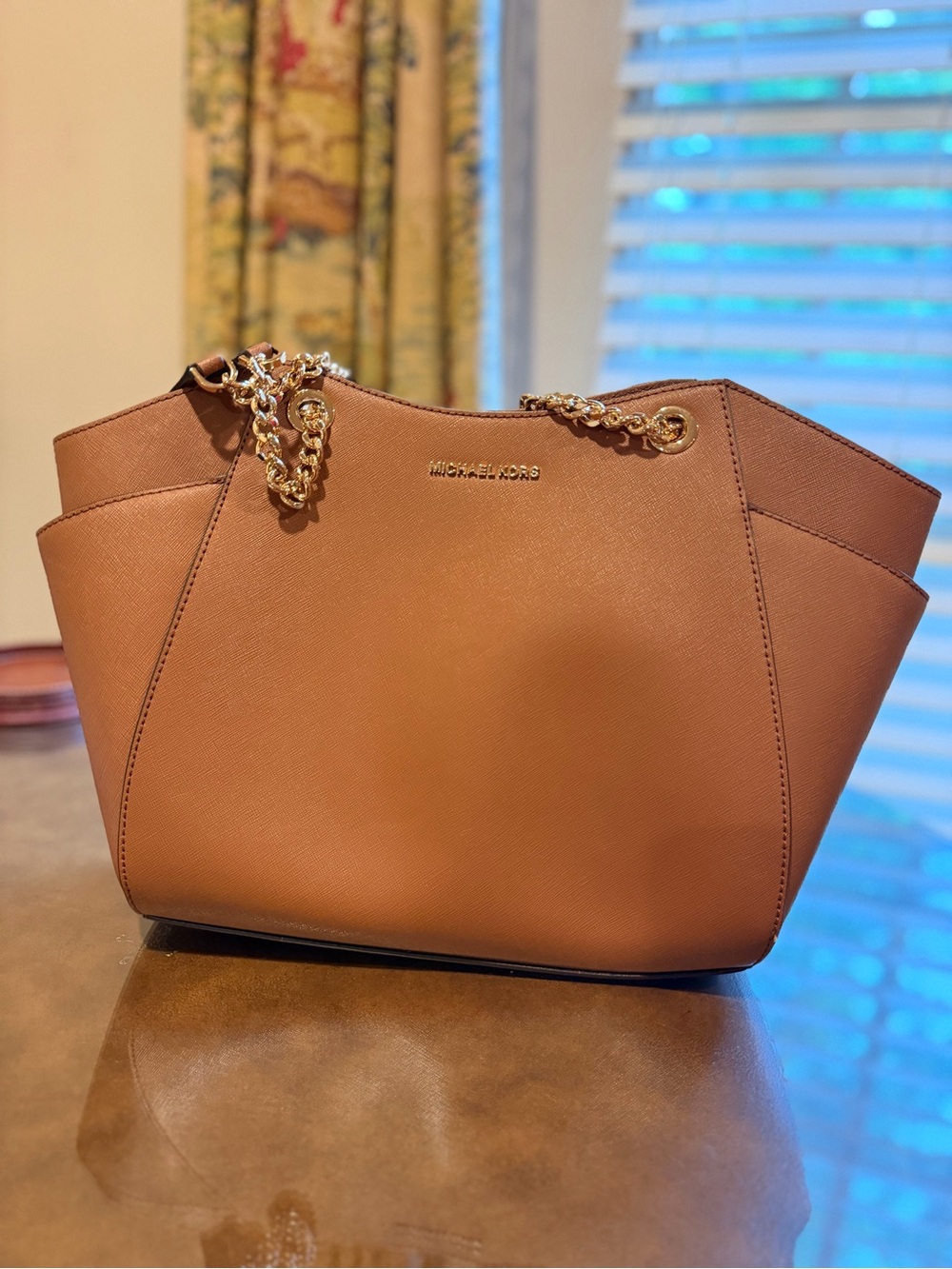Michael Kors Cognac Saffiano Leather Shoulder Tote with Gold Chain